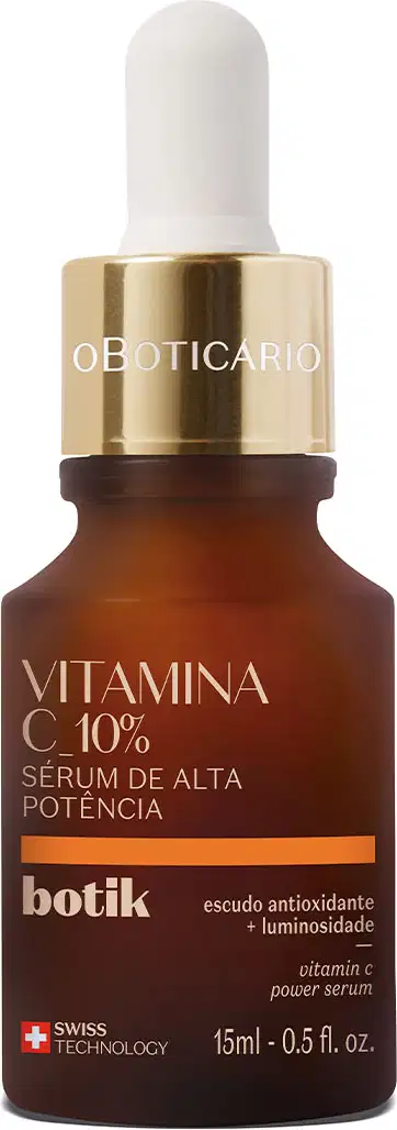 Vidro marrom com detalhe dourado, conta-gotas branco, letras amarelas e detalhe em laranja contendo 15ml de sérum de alta potência 10% da marca Botik Vitamina C.