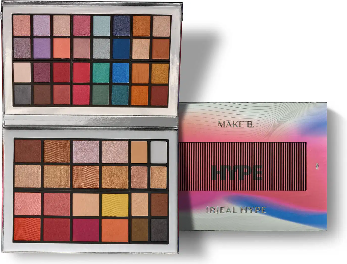 Paleta de maquiagem multifuncional Real Hype da marca Make B. em estojo prateado e 56 cores variadas. Ao lado, um estojo fechado em tons de branco, azul e rosa.