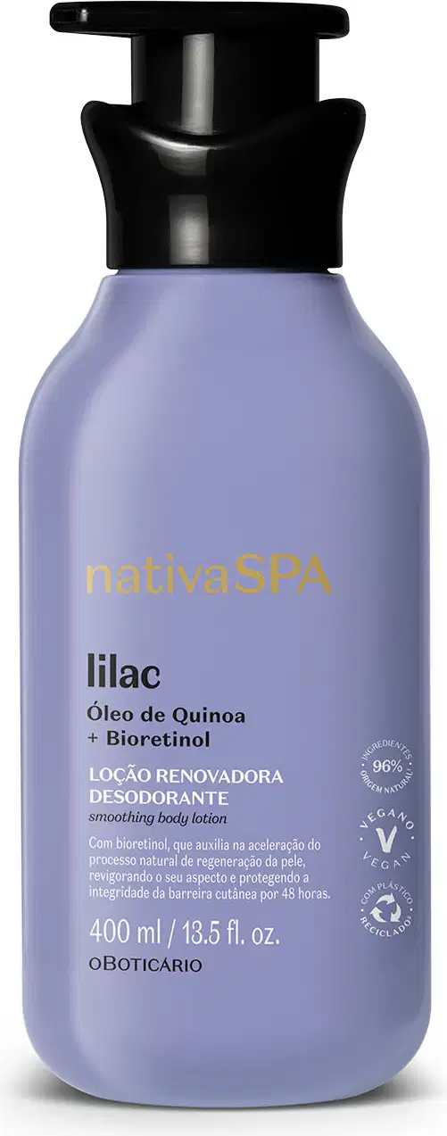 Frasco lilás com bomba dosadora preta e letras douradas, brancas e pretas contendo 400ml de loção renovadora hidratante corporal da marca Nativa SPA Lilac.