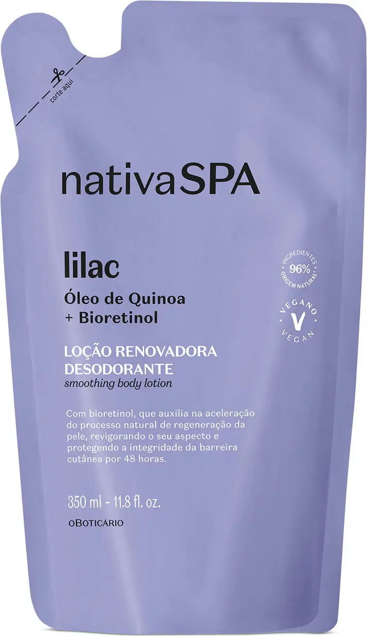 Refil de loção renovadora hidratante corporal Nativa SPA Lilac em sachê de 350ml na cor lilás com letras pretas e brancas.