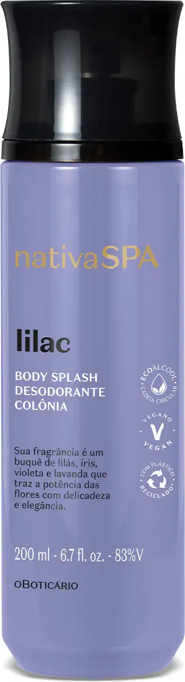 Frasco cilíndrico na cor lilás com tampa preta e letras brancas e pretas  contendo 200ml de body splash Nativa SPA Lilac.