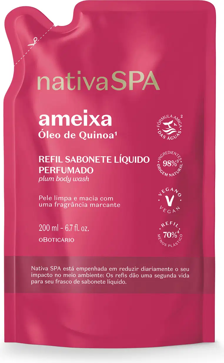 Embalagem flexível em formato sachê de plástico na cor rosa vibrante com detalhes em branco. Rótulo com o nome do produto "ameixa Óleo de Quinoa".