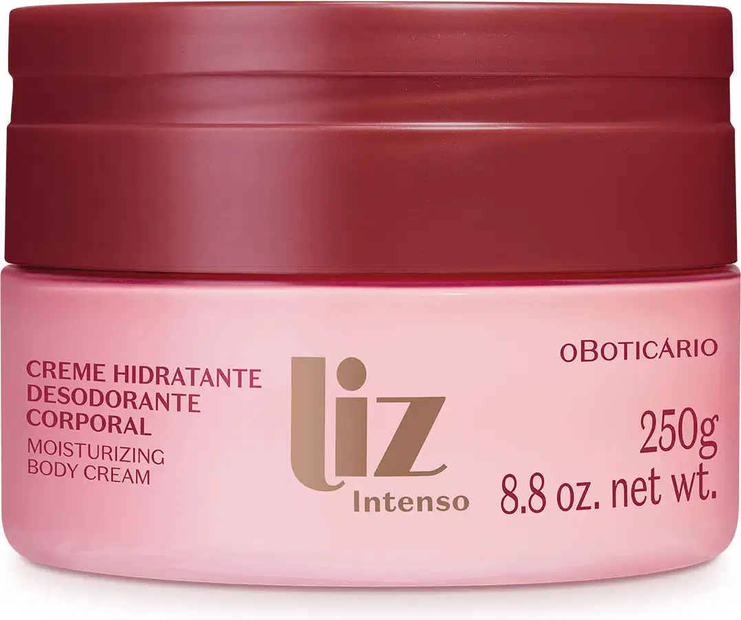 Pote rosa com tampa e letras vermelhas contendo 250g de creme hidratante corporal Liz Intenso.