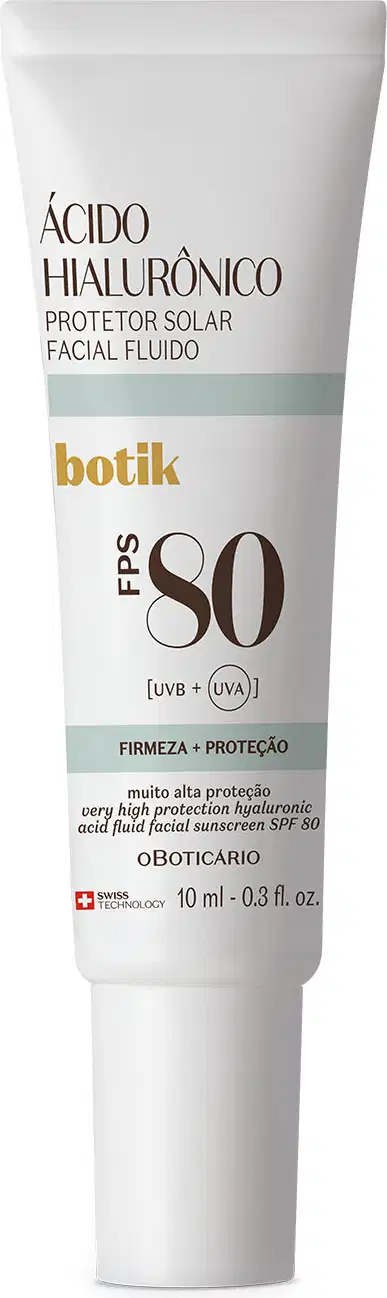 Bisnaga de 10ml na cor branca com letras pretas e detalhes azuis contendo protetor facial FPS 80 da marca Botik Ácido Hialurônico.