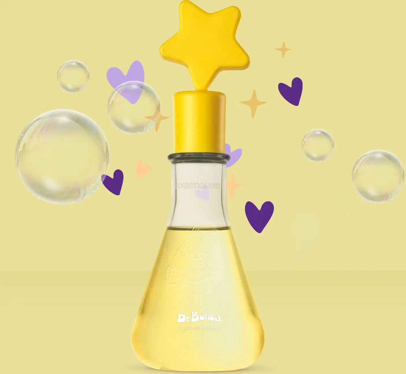 Frasco transparente em formato de vidro laboratorial com líquido amarelo e tampa com estrela na ponta também amarelas de colônia infantil Poção da Amizade da marca Dr. Botica em fundo amarelo com bolhas e corações flutuando ao redor.