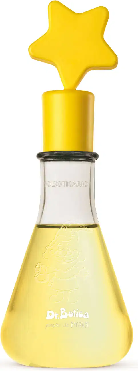 Frasco transparente em formato de vidro laboratorial com líquido amarelo e tampa com estrela na ponta também amarelas contendo 120ml de colônia infantil Poção da Amizade da marca Dr. Botica.