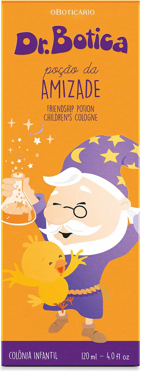 Caixa laranja e azul com ilustração do personagem da marca Dr. Botica contendo um vidro de colônia infantil Poção da Amizade da marca Dr. Botica.