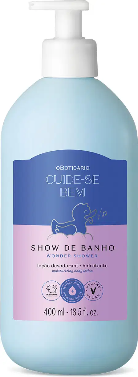 Frasco branco com bomba dosadora e rótulo azul e lilás com ilustração de um patinho de banho contendo 400ml de loção hidratante corporal da marca Cuide-se Bem Show de Banho.