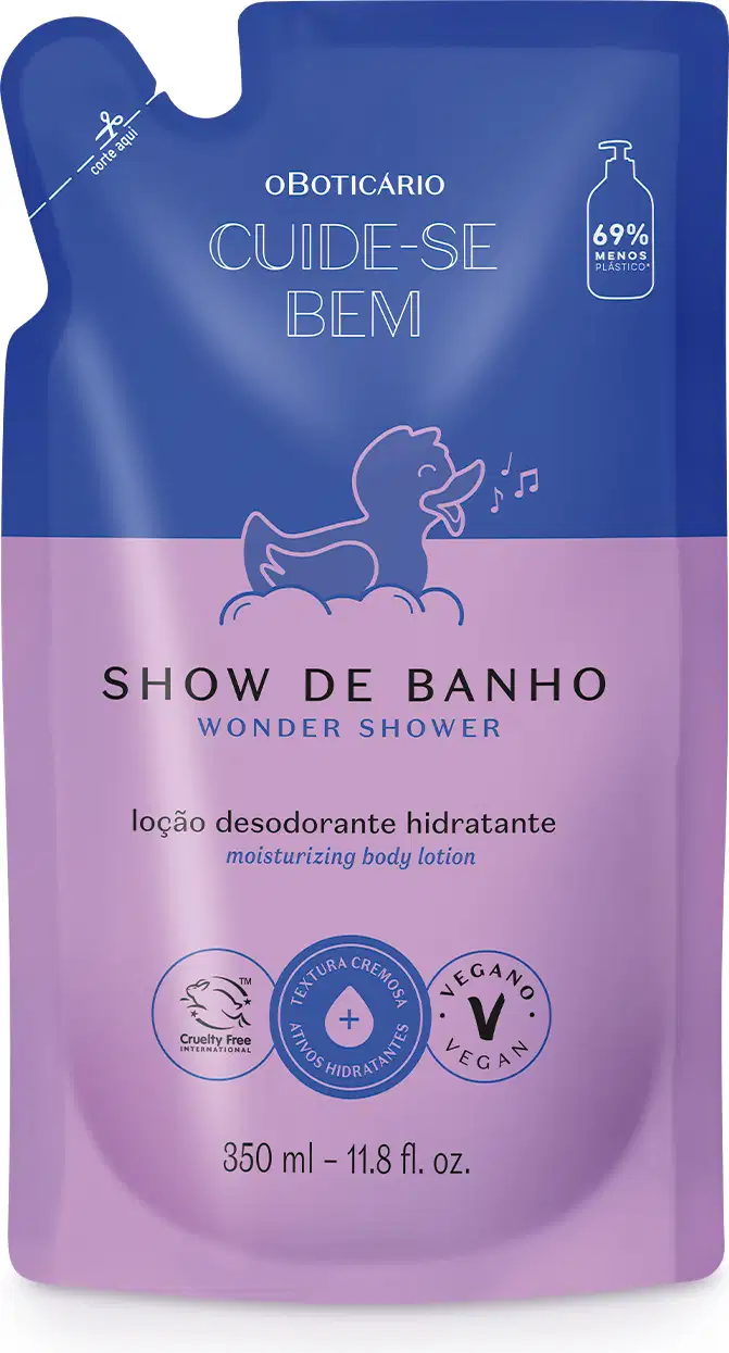 Refil de loção desodorante hidratante corporal Cuide-se Bem Show de Banho em sachê nas cores azul e lilás com patinho de banho ilustrado.