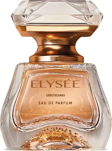 Frasco de Eau De Parfum da marca Elysée em formato geométrico com líquido na cor âmbar e tampa em forma de cristal lapidado, em tons de dourado e com rótulo em relevo com o nome da marca.