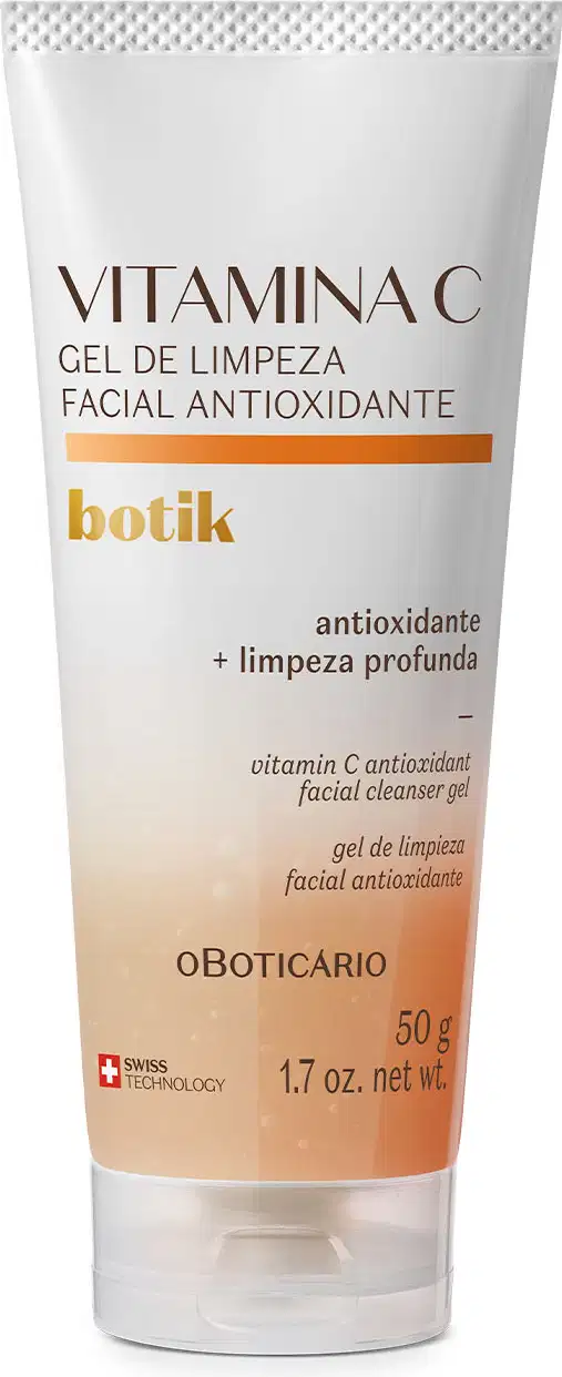 Bisnaga azul e laranja com letras marrons e detalhe na cor laranja contendo 50g de gel de limpeza facial antioxidante da marca Botik Vitamina C.