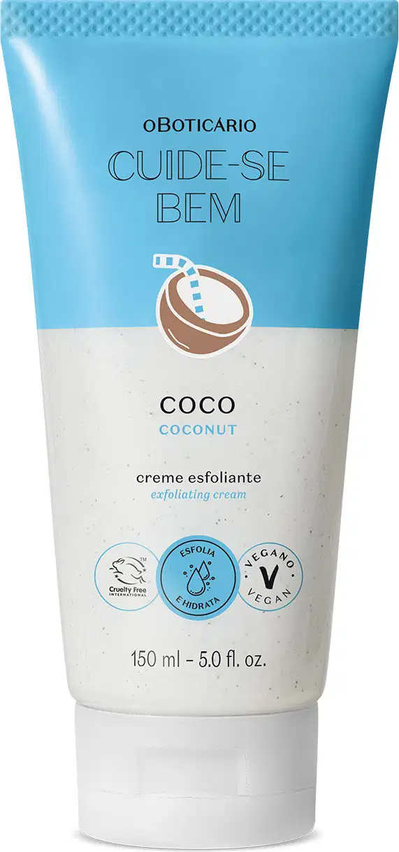 Bisnaga azul e branca com coco ilustrado contendo 150ml de creme esfoliante corporal Cuide-se Bem Feira Coco.