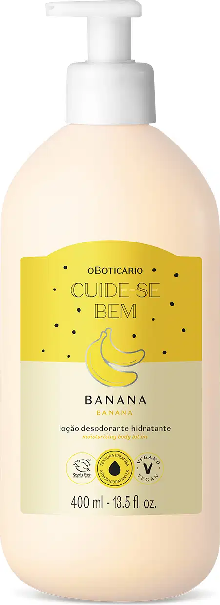 Imagem de um frasco branco com bomba doseadora contendo loção desodorante hidratante da marca Cuide-se Bem Banana, com rótulo amarelo com ilustração de banana.