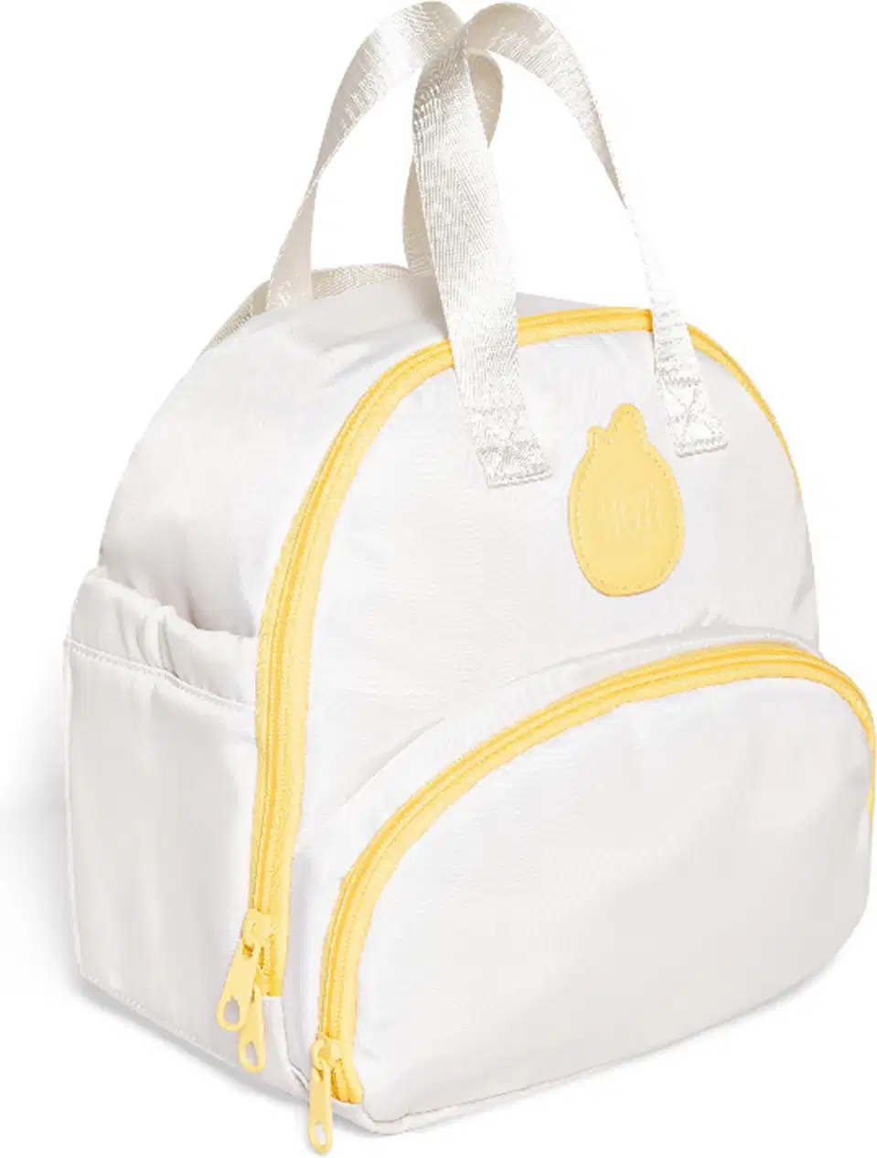 Frasqueira branca com detalhe e zíperes amarelos, alças de transporte prateadas e bolsos externos da marca Boti Baby.