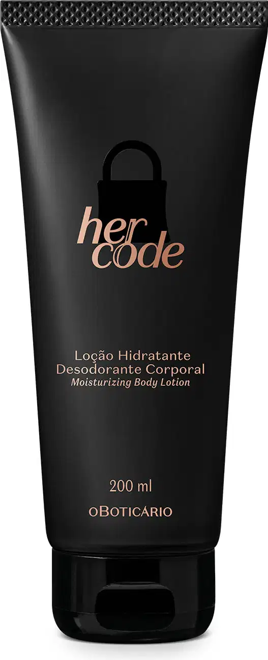 Frasco preto com letras douradas contendo 200ml de loção hidratante corporal da marca Her Code.