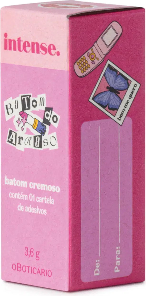 Caixa do Batom do Arraso da marca Intense em tons de rosa com letras brancas e coloridas.