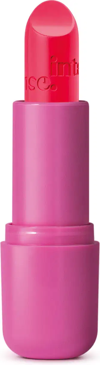 Batom do Arraso Eu Sou Mais  Eu na cor rosa da marca Intense em embalagem na cor roxa.