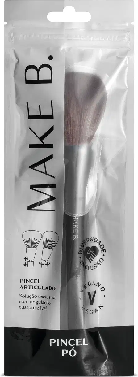 O produto é um pincel de maquiagem articulado da marca Make B. Vem embalado em uma embalagem plástica cinza e preta.