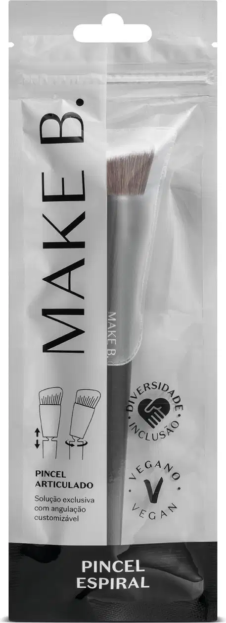 O produto é um pincel de maquiagem articulado da marca Make B. Vem embalado em uma embalagem plástica cinza e preta.