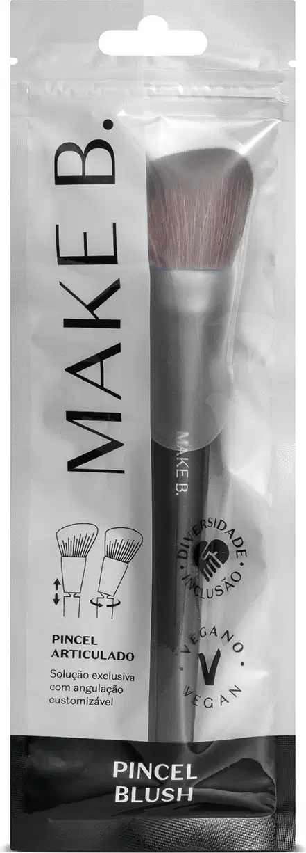 O produto é um pincel de maquiagem articulado da marca Make B. Vem embalado em uma embalagem plástica cinza e preta.