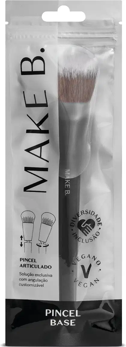 O produto é um pincel de maquiagem articulado da marca Make B. Vem embalado em uma embalagem plástica cinza e preta.