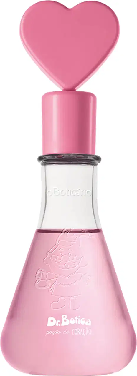 Frasco transparente em formato de vidro laboratorial com líquido rosa, tampa também rosa com coração na ponta e letras brancas no rótulo contendo 120ml de colônia infantil Dr. Botica Poção do Coração.