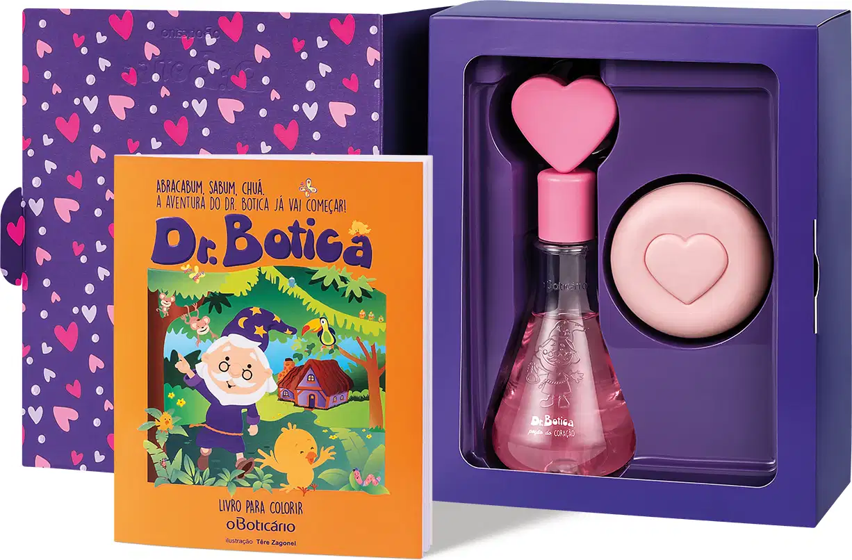 Caixa de presente roxa com corações rosa e brancos, contendo um item de perfumaria infantil em frasco rosa em formato becker com tampa de coração, acompanhado de um sabonete em barra redondo e livro infantil com ilustrações coloridas da marca Dr. Botica.