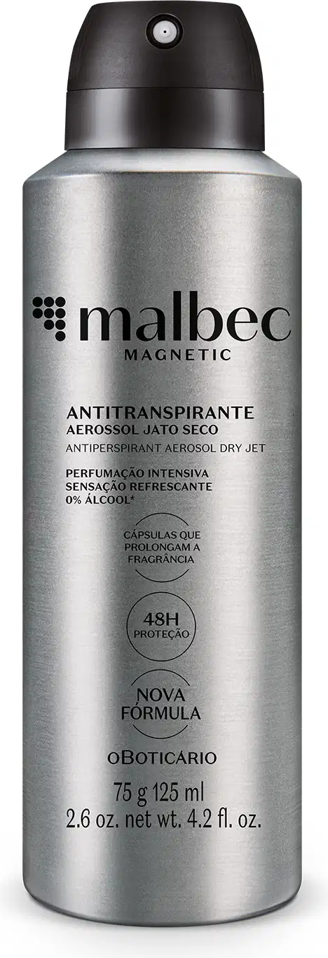 Imagem de um frasco de aerossol prateado com letras e tampa pretas da marca Malbec Magnetic, com rótulo indicando ser um desodorante antitranspirante de jato seco com perfumação intensiva e sensação refrescante, sem álcool.