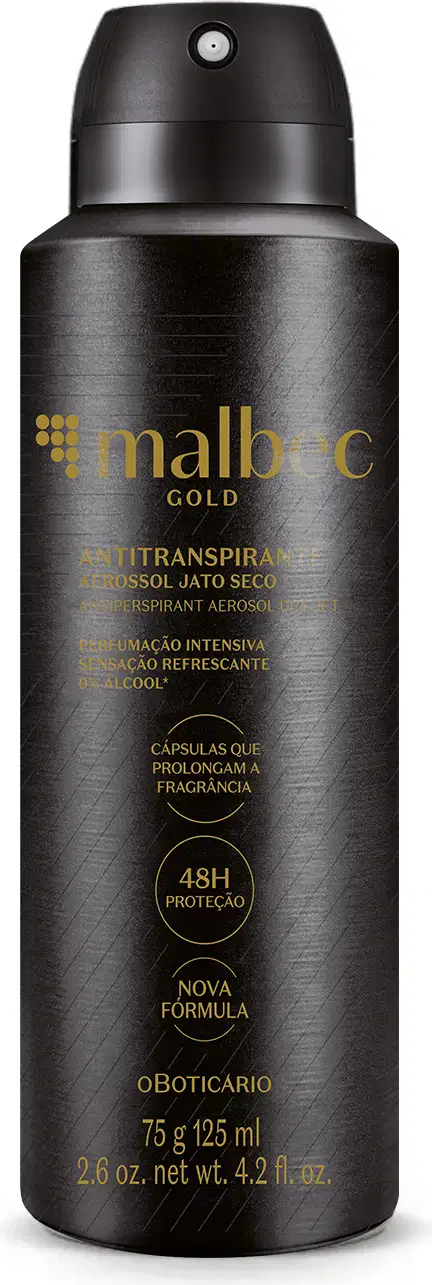Imagem de um frasco preto de desodorante antitranspirante aerossol da marca Malbec Gold, com rótulo em dourado, contendo i75g/125ml de produto.