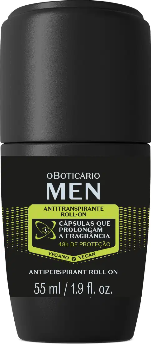 Frasco preto com detalhes amarelos contendo 55ml de desodorante roll-on da marca Men, com texto em verde indicando ser antitranspirante e prolongar a fragrância por 48 horas.