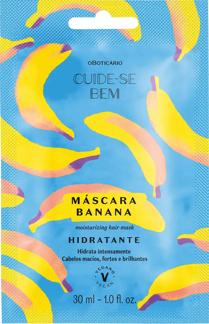 Sachê de 30ml na cor azul com detalhe amarelo, letras pretas e bananas ilustradas, contendo máscara capilar Cuide-se Bem Feira Banana.