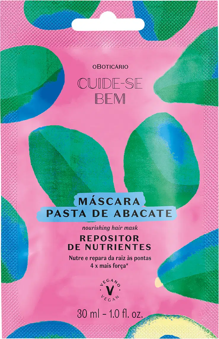 Sachê de 30ml na cor lilás com detalhe azul e abacates ilustrados contendo máscara capilar da marca Cuide-se Bem Feira `Pasta de Abacate.