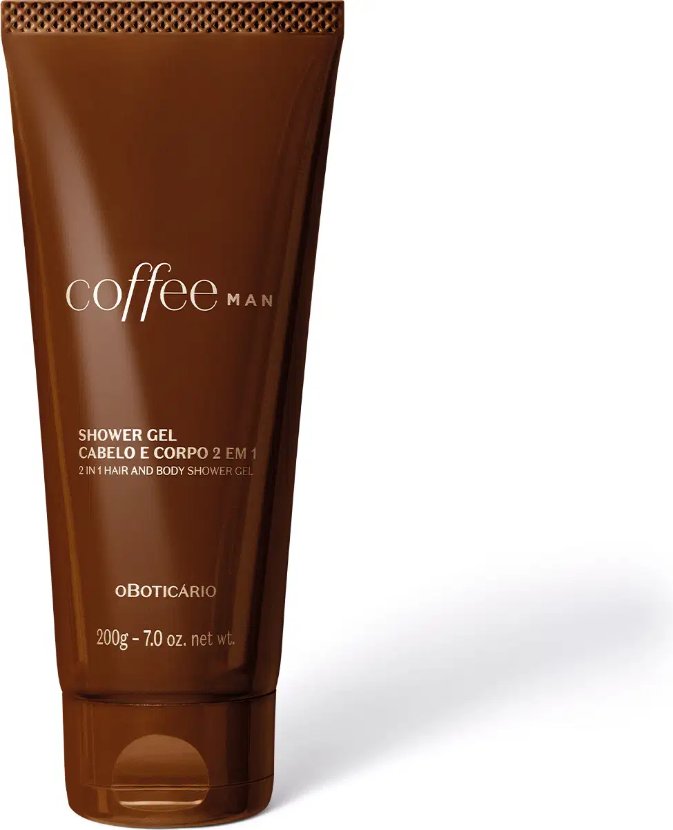 Bisnaga marrom com letras bege contendo 200g de shower gel Cabelo e Corpo 2 em 1 da marca Coffee Man.