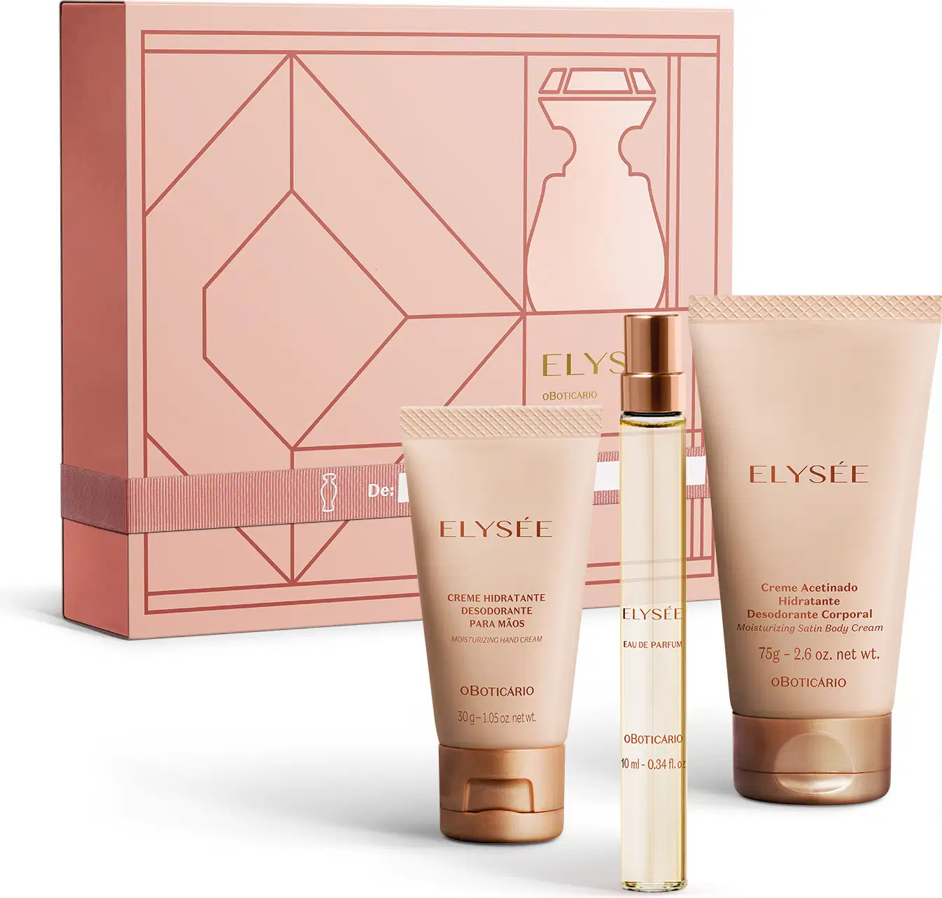 Imagem do kit de presente Elysée, que traz um vidro cilíndrico com 10ml de Eau de Parfum, uma bisnaga rosa com creme hidratante para as mãos, outra na mesma cor de loção hidratante corporal, e uma caixa para presente na cor rosa com desenhos geométricos.