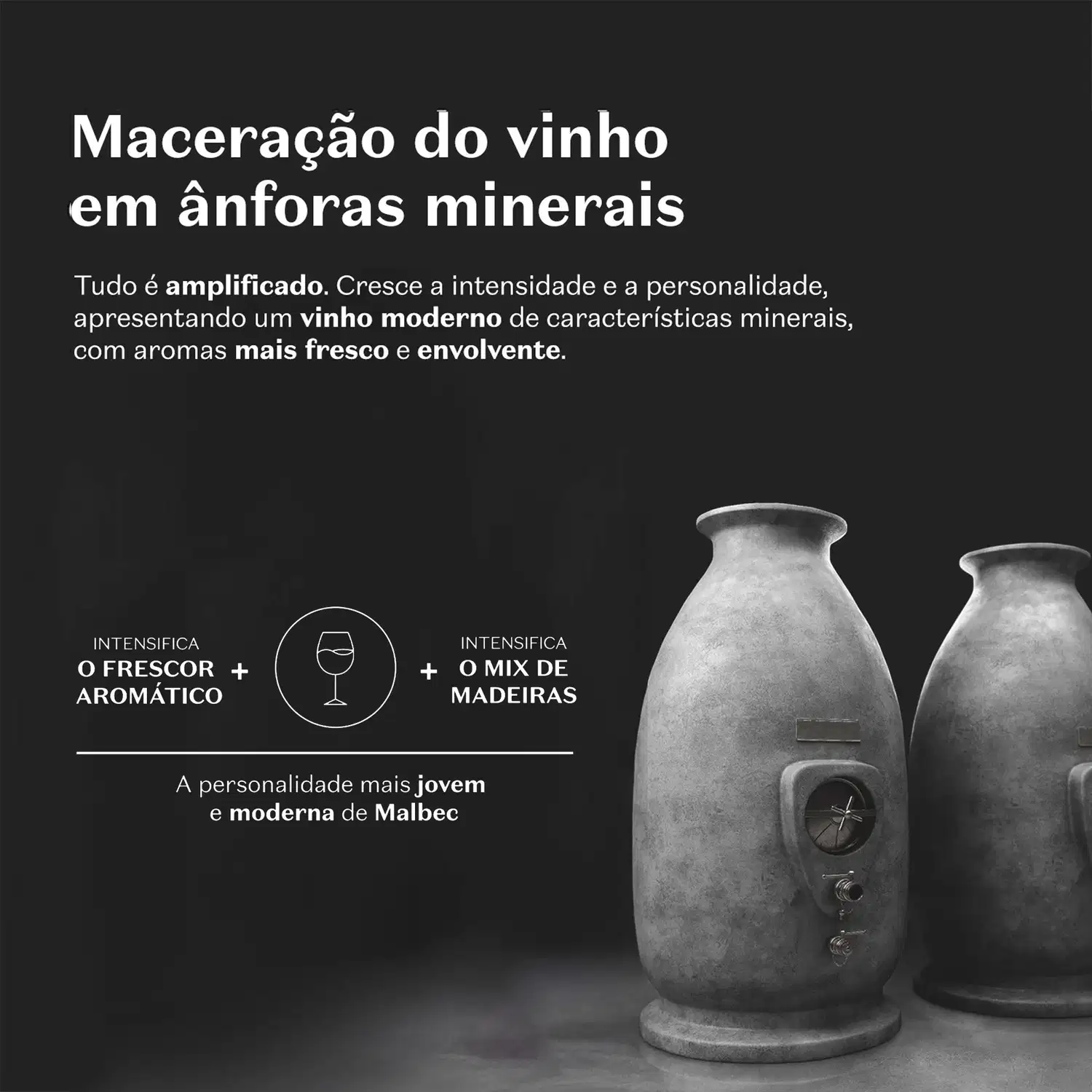 A imagem mostra duas ânforas de cerâmica cinza com símbolos gravados. O texto explica que um processo que intensifica o frescor aromático e o mix de madeiras, resultando em um vinho moderno e jovem.
