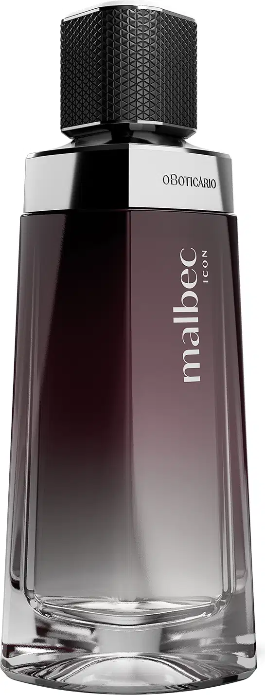 Vidro com degradê de preto e branco, detalhe prateado próximo à tampa preta e rótulo com letras cinza contendo 100ml de desodorante colônia Malbec Icon.