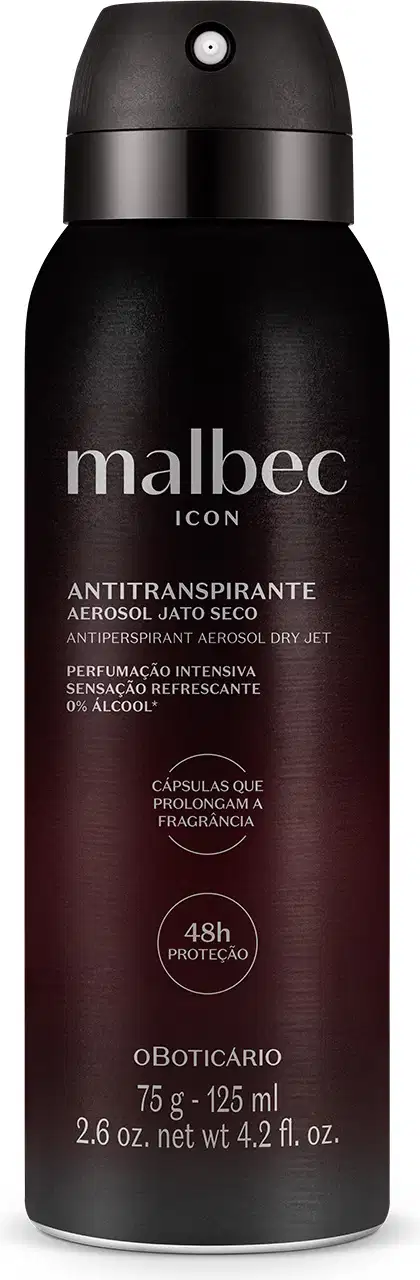 Frasco preto fosco com letras cinzas contendo 75g/125ml de antitranspirante aerossol jato seco da marca Malbec Icon.