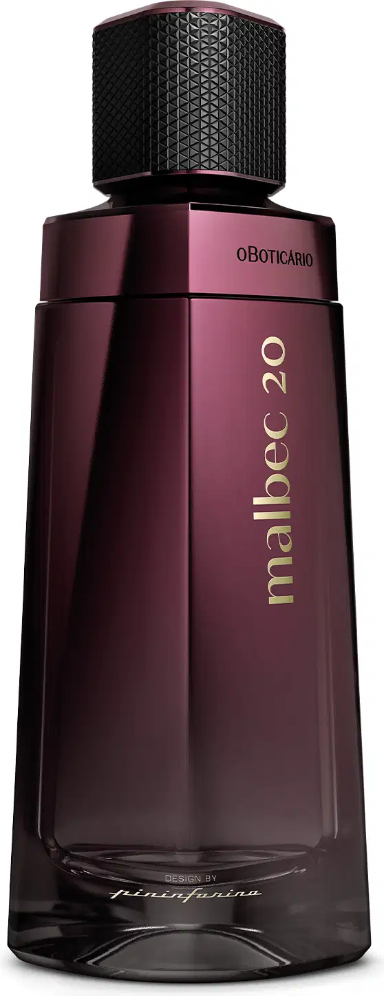 Perfume em frasco retangular de vidro em tom de vinho com tampa preta texturizada. O frasco tem um design minimalista com o nome "malbec 20" impresso em letras douradas na parte frontal.