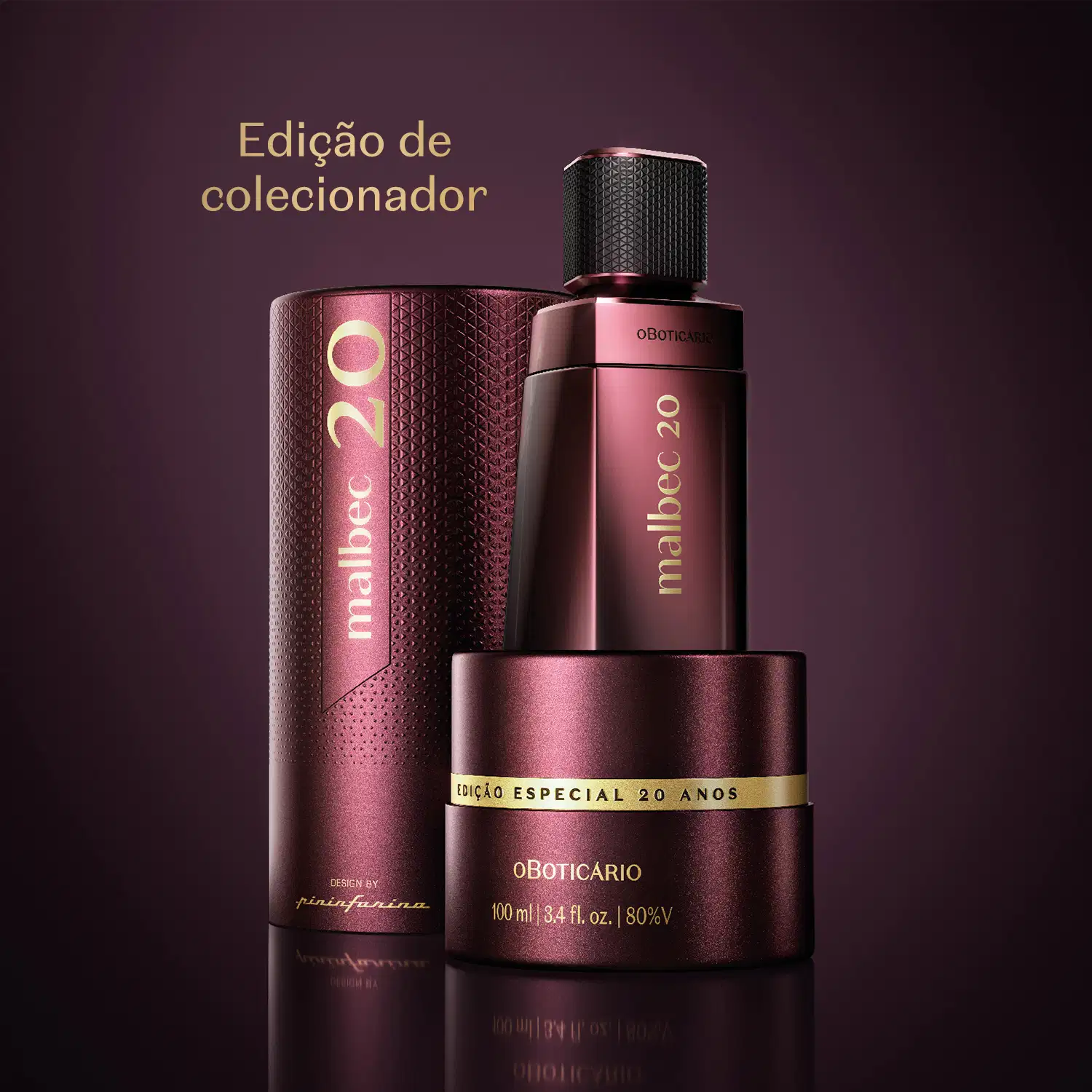 Produtos de perfumaria Malbec 20 em embalagens de colecionador. Texto destaca: "Edição Especial 20 Anos".
