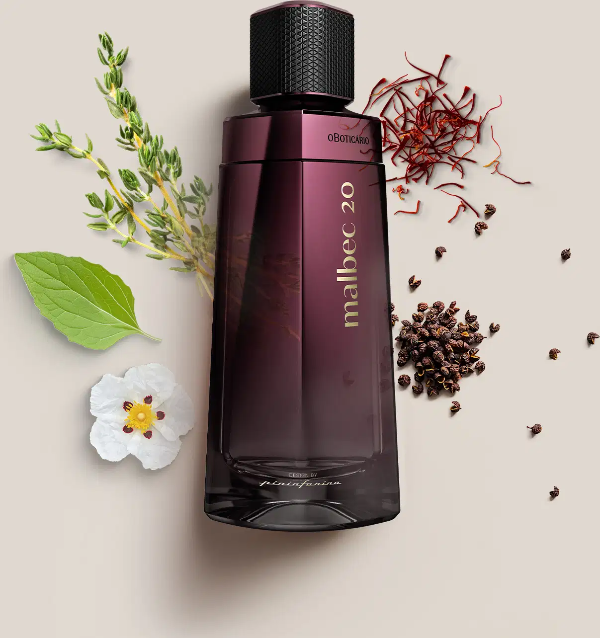 Perfume Malbec 20 em frasco retangular de vidro roxo escuro. Embalagem preta texturizada na parte superior. Nome "Malbec 20" e "Oboticário" em letras douradas. Ao redor do frasco, há uma flor branca, folhas verdes, galhos e grãos de pimenta preta.