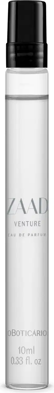 Frasco cilíndrico transparente com líquido azul claro, tampa preta e letras azuis contendo 10ml de Eau de Parfum Zaad Venture.
