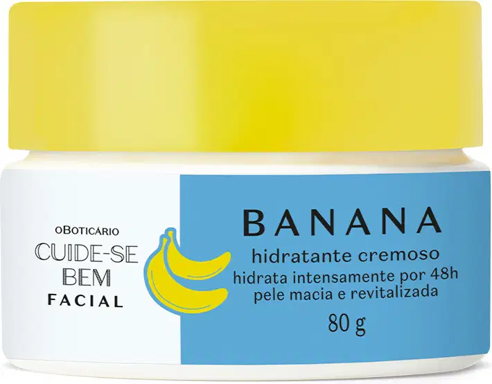 Pote branco com tampa amarela e rótulo azul com bananas amarelas ilustradas contendo 80g de creme hidratante facial Cuide-se Bem Feira Banana.