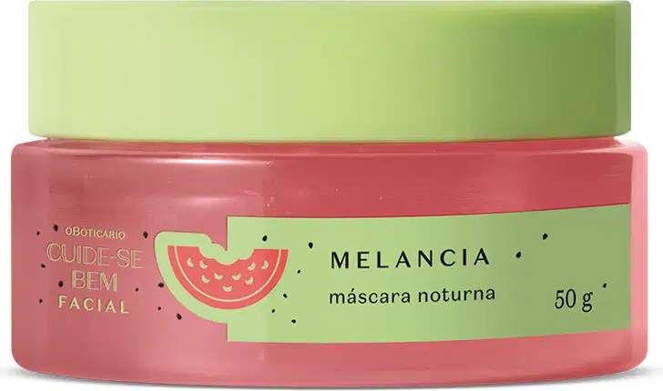 Pote redondo com creme vermelho, tampa verde e rótulo também verde com melancia ilustrada contendo 50g de máscara facial noturna Cuide-se Bem Feira Melancia.