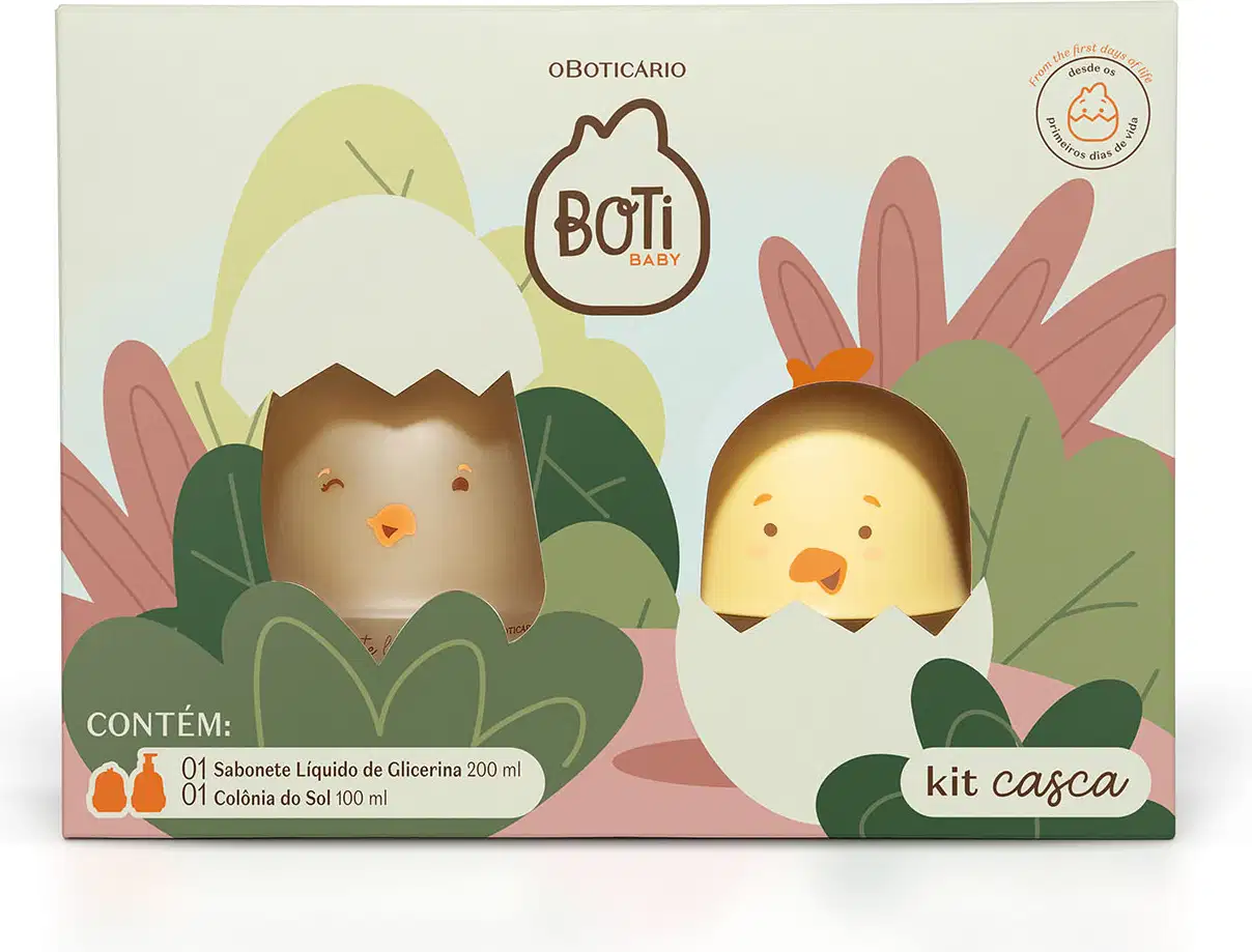 Kit Boti Baby que traz uma embalagem com desenhos de pintinhos saindo de dentro da casca do ovo em meio a folhagens. Dentro de caixa, há um sabonete líquido de glicerina e uma colônia do sol.
