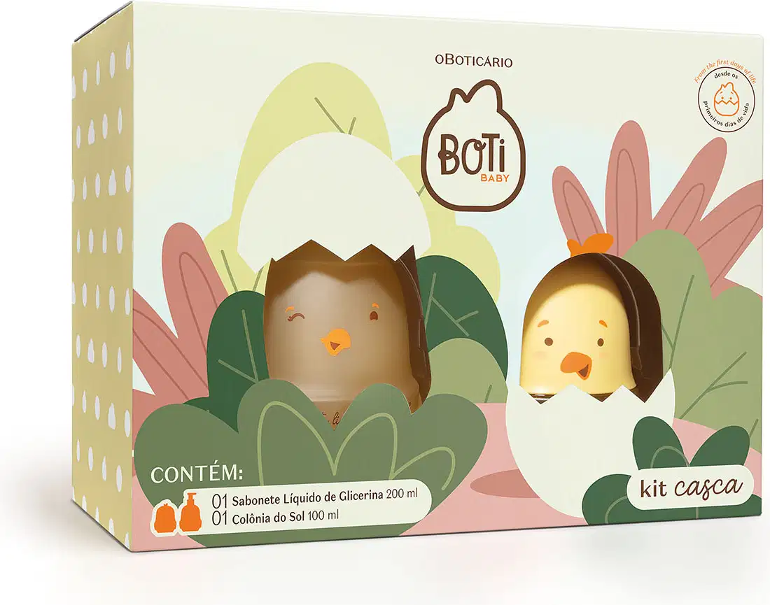 Kit Boti Baby que traz uma embalagem com desenhos de pintinhos saindo de dentro da casca do ovo em meio a folhagens. Dentro de caixa, há um sabonete líquido de glicerina e uma colônia do sol.
