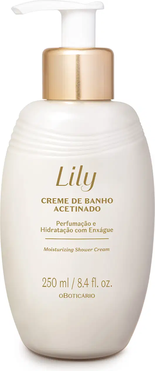 Frasco branco ovalado com detalhe dourado, tampa dosadora branca e letras bege escuras contendo 250ml de creme de banho acetinado da marca Lily