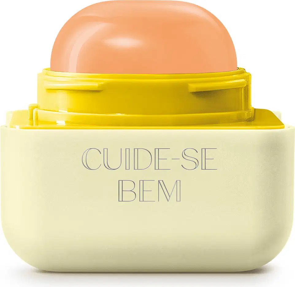Embalagem quadrada branca com roll-on amarelo de balm labial da marca Intense Cuide-se Bem Banana.