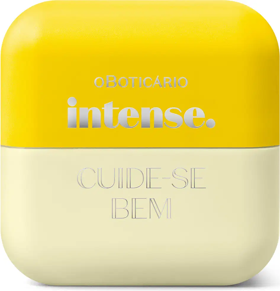 Embalagem quadrada amarela e branca com letras prateadas de balm labial da marca Intense Cuide-se Bem Banana.