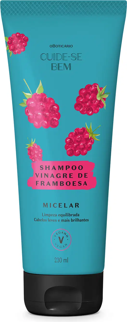 Frasco azul com tampa preta e ilustrações de framboesas na cor rosa contendo 230ml de shampoo Cuide-se Bem Feira Vinagre de Framboesa.