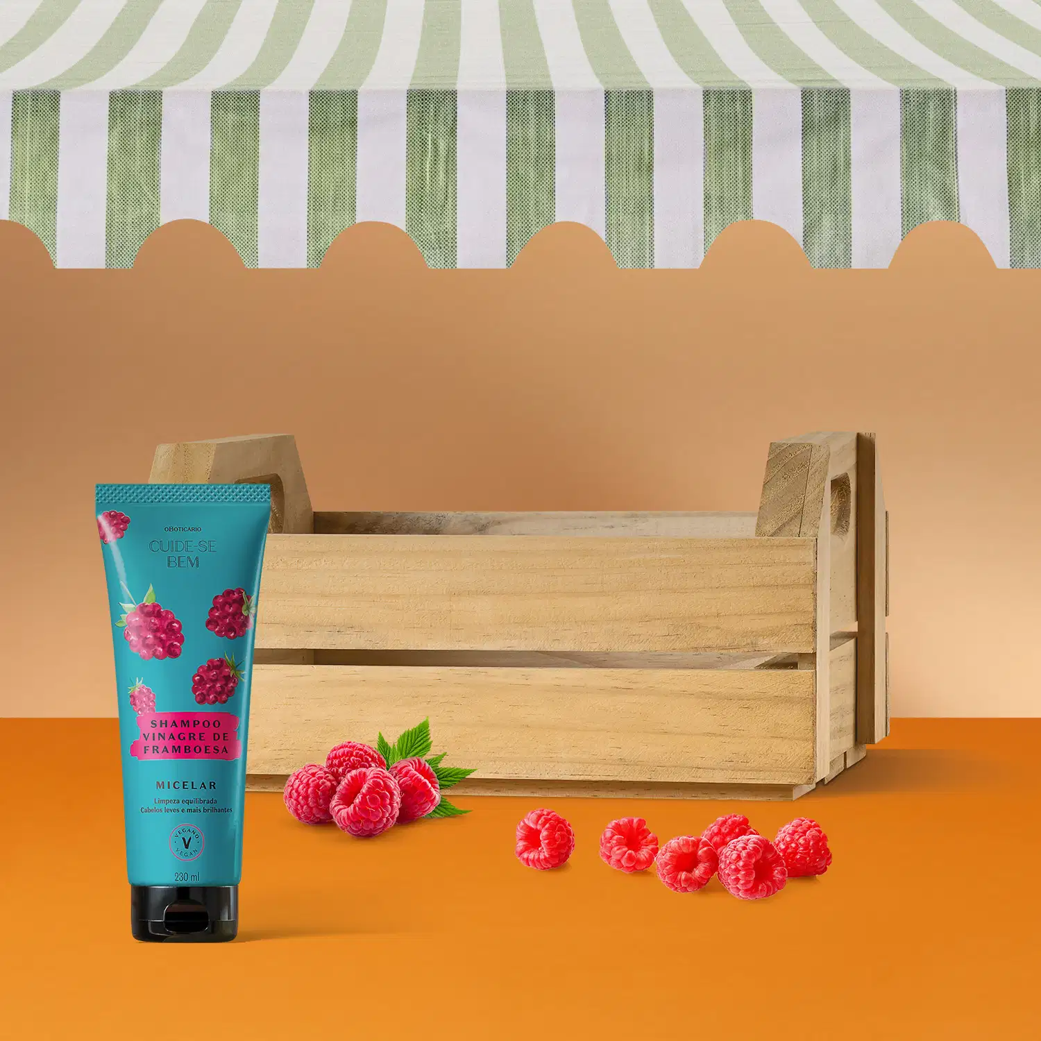 Caixa de madeira com frasco azul com tampa preta e ilustrações de framboesas na cor rosa contendo shampoo Cuide-se Bem Feira Vinagre de Framboesa rodeada por framboesas frescas sobre fundo laranja e parede listrada em verde e branco.